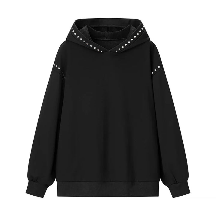 Damen weiter Kapuzenpullover mit Ziernieten am Kragen und legerer Passform – Auréline