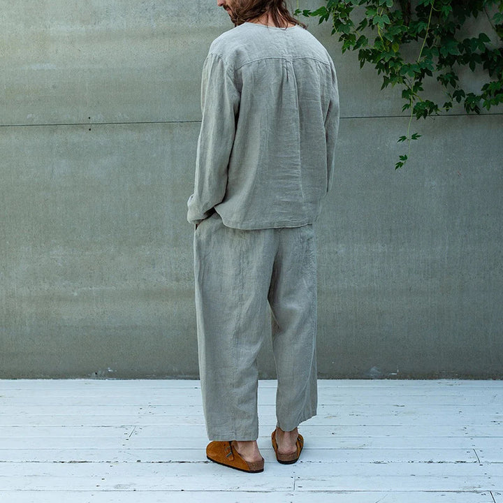 Herren Lockeres Leinen‑Look Freizeitset mit Schnürkragen und weiten Haremshosen Echoarchiv