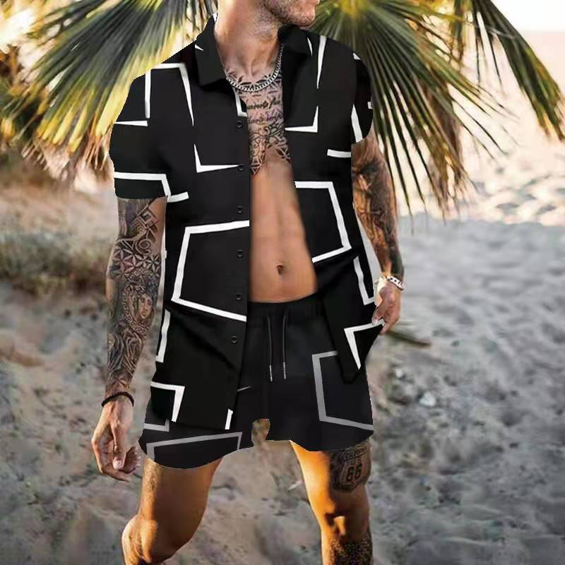 Herren Kurzarm Grafikdruck Sommer Hemd und Shorts Set Echoarchiv