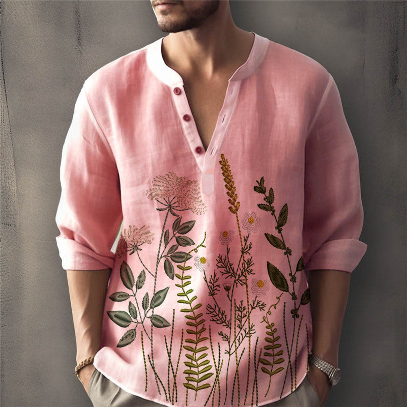 Herren Leinenhemd mit floralem Stickdesign Echoarchiv