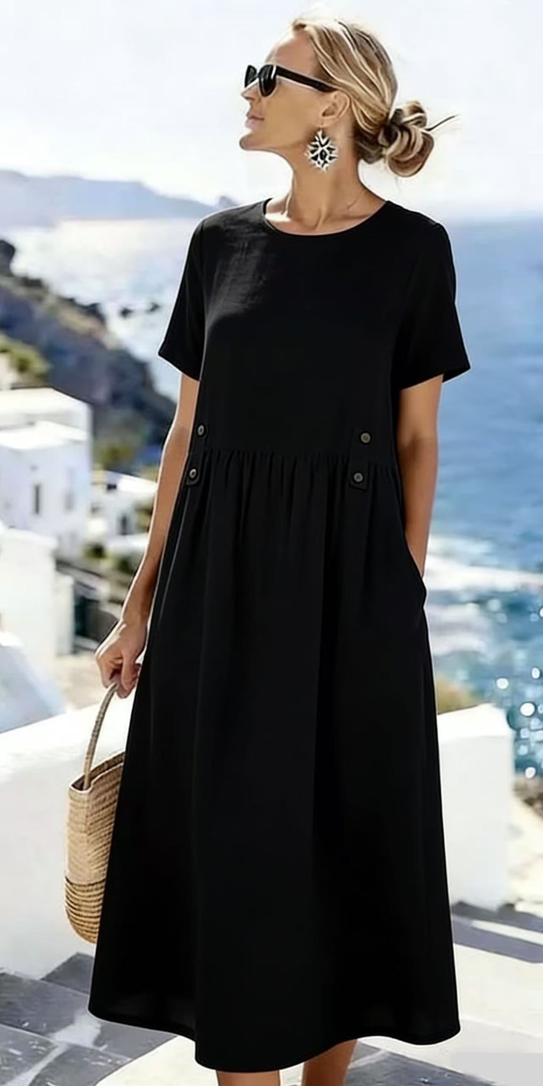 Damen Langes Leinenoptik-Sommerkleid mit geraffter Taillenpartie und Eingrifftaschen – Lunéa