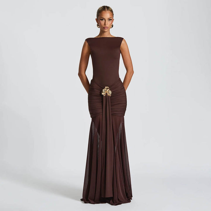 Damen Elegantes Maxikleid mit tailliertem Oberteil und einzigartiger Drapierung Echo Archiv