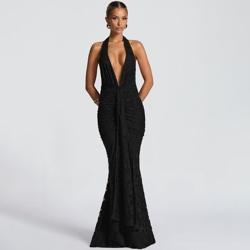 Damen Elegantes Maxikleid mit tiefem V-Ausschnitt und strukturierter Raffung Echo Archiv