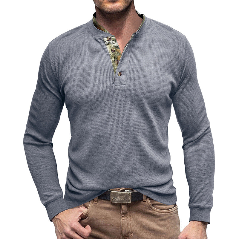 Herren Langarm-Henley-Pullover mit modischem Kragen und strukturierter Oberfläche Echoarchiv