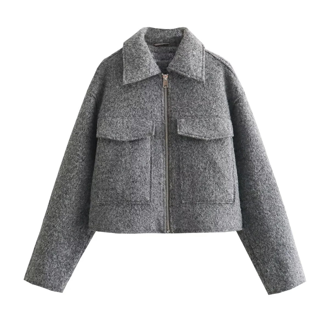 Damen Kurze Wolloptik-Boxyjacke mit Reißverschluss und aufgesetzten Pattentaschen Echo Archiv
