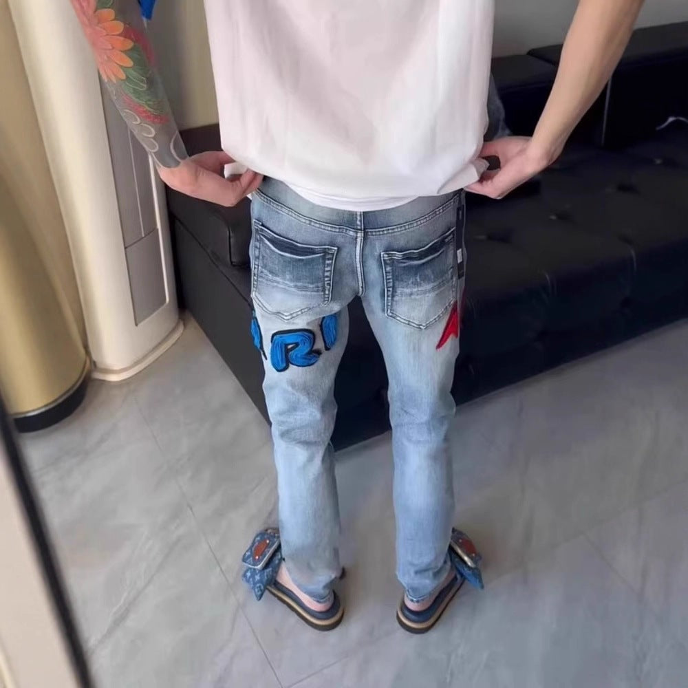 Herren Modische Jeans mit Aufnähern und Distressed-Effekten Echo Archiv