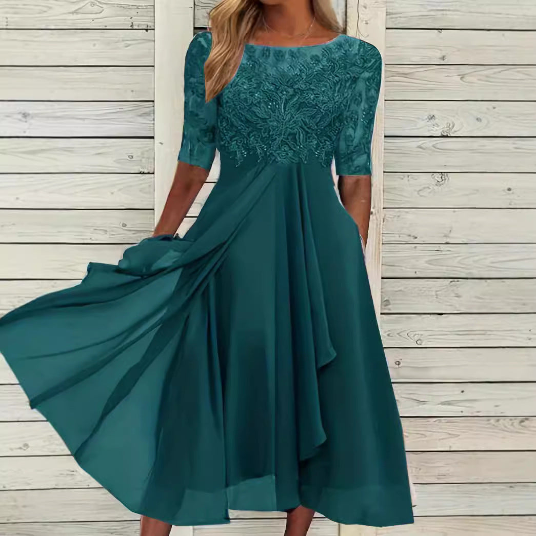 Damen nan elegantes Cocktailkleid mit bestickter Korsage, U-Boot-Ausschnitt und fließendem Chiffonrock Echo Archiv