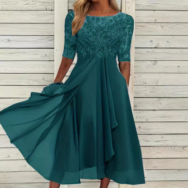 Damen nan elegantes Chiffon-Midikleid mit besticktem Spitzenoberteil und halblangen Ärmeln Echo Archiv