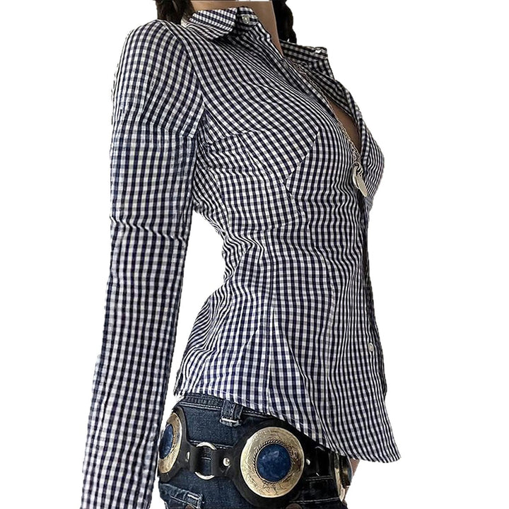 Damen taillierte Karobluse mit Hemdkragen, durchgehender Knopfleiste und geschwungenem Saum – Élovi