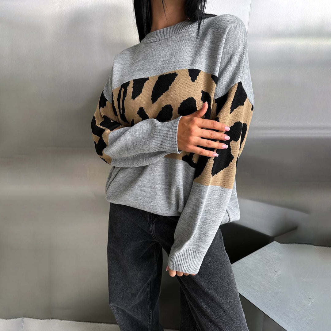 Damen Oversized Strickpullover mit Leoparden-Bahnen, überschnittener Schulter und geripptem Saum – Mavelle