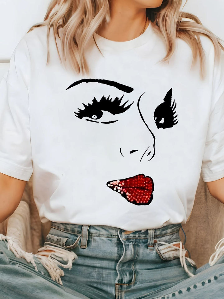 Damen T-Shirt mit kreativem Grafikdruck und luxuriösen Paillettenakzenten Echo Archiv