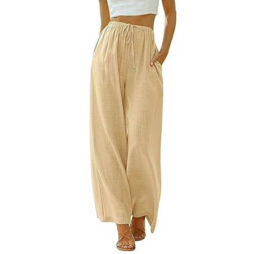 Damen nan weite Leinenhose mit elastischem Bund Kordel und Seitentaschen Echo Archiv