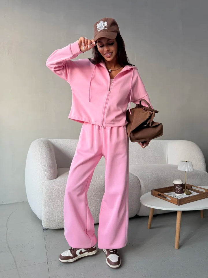 Damen Lässiges Zweiteiliges Sweatset mit Kapuzenjacke und weitem Bundfalten Jogginghose – Élanora