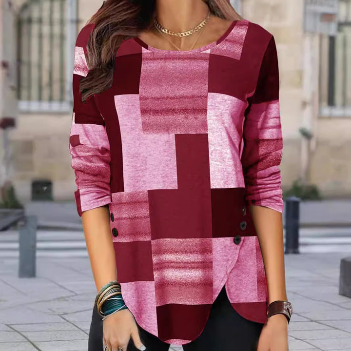 Damen gemustertes Langarm-Tunika-Shirt mit asymmetrischem Saum und dekorativer Knopfleiste Echoarchiv
