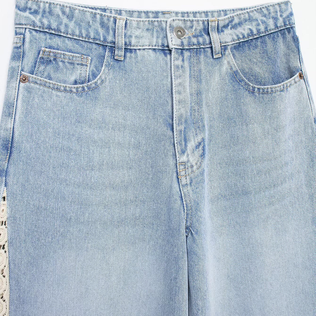 Damen Highwaist Cropped Wide‑Leg Jeans mit Häkelspitzen-Seitenstreifen Echo Archiv