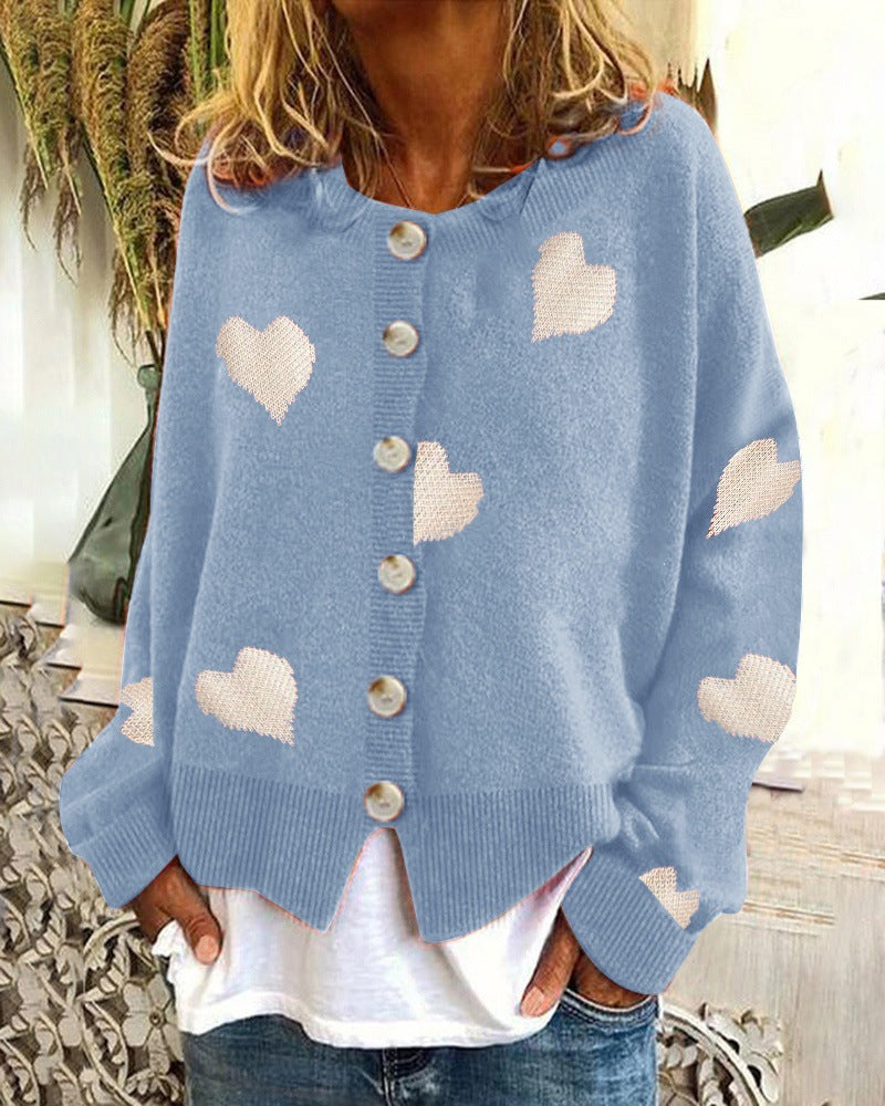 Damen Geknöpfter Oversize-Strickcardigan mit Herz-Jacquard und Perlmuttknöpfen Echo Archiv