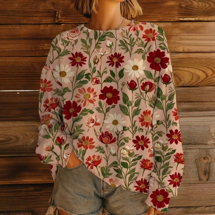 Damen Geblümter Oversize-Sweatshirt-Pullover mit Rundhals und Ballonärmeln – Avérine