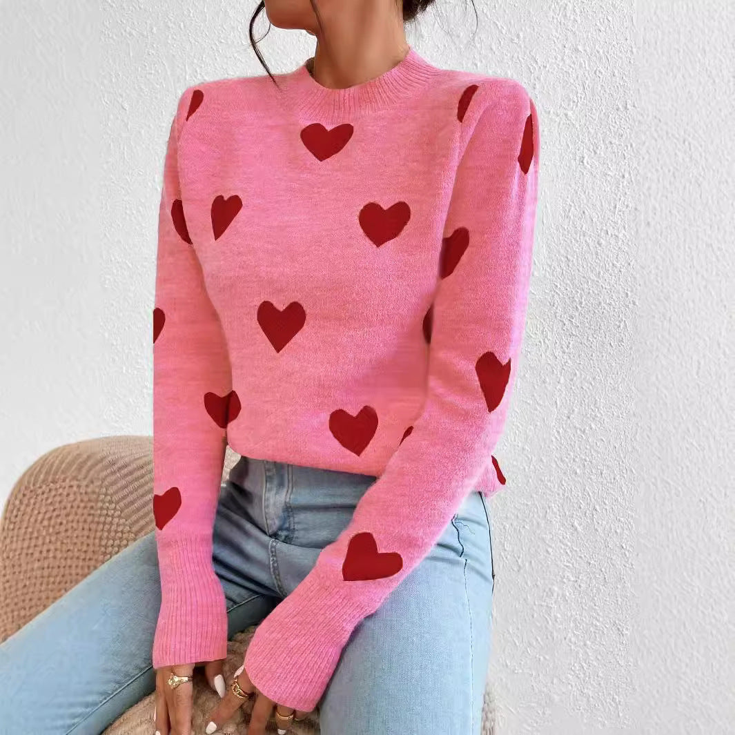 Damen nan kaschmirähnlicher Feinstrickpullover mit Allover-Herzmotiv, Rundhalsausschnitt und verlängerten Bündchen Echo Archiv