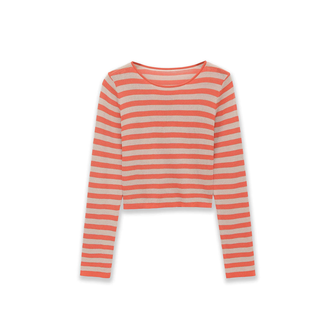 Damen Gestreifter Cropped-Feinstrickpullover mit U-Boot-Ausschnitt Echoarchiv