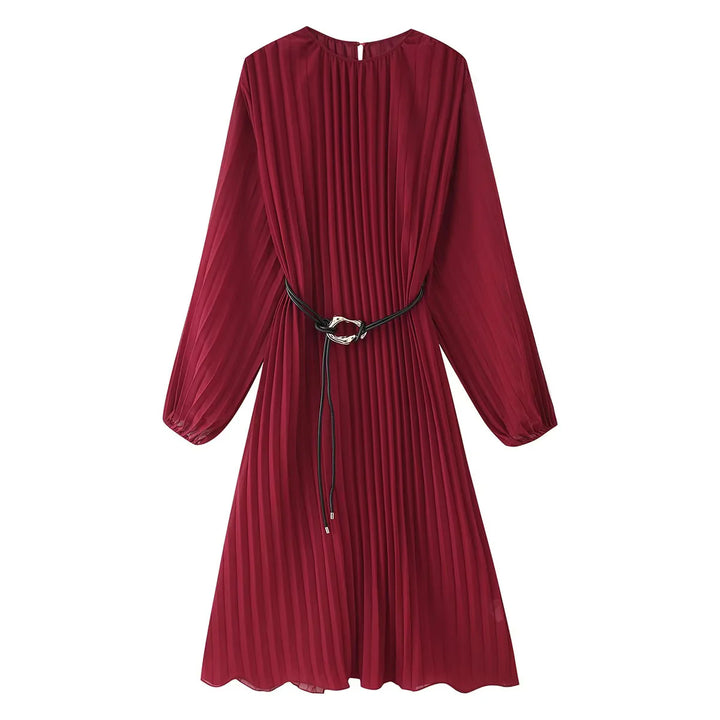 Damen plissiertes Midikleid mit langen Ärmeln, Tunnelzug-Taille und feinem Metallring-Gürtel – Élara