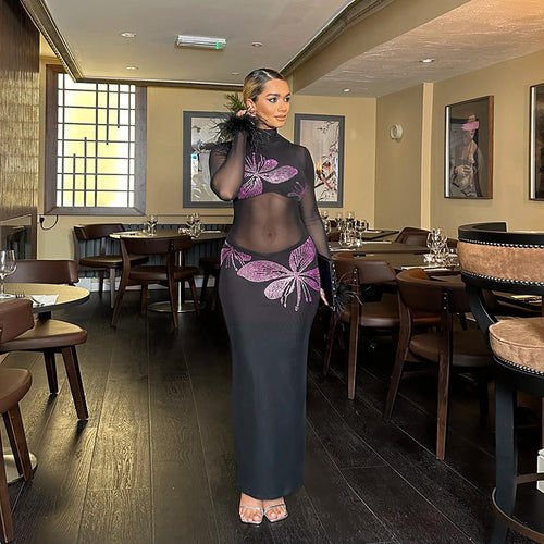 Damen Transparente Maxi-Robe mit kunstvollen Schmetterlingsdetails Echo Archiv