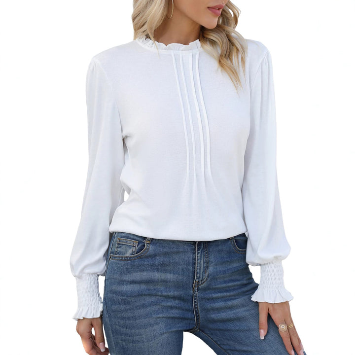 Damen Langarmbluse mit Stehkragen, Kellerfalten-Front und gerafften Manschetten – Avérine
