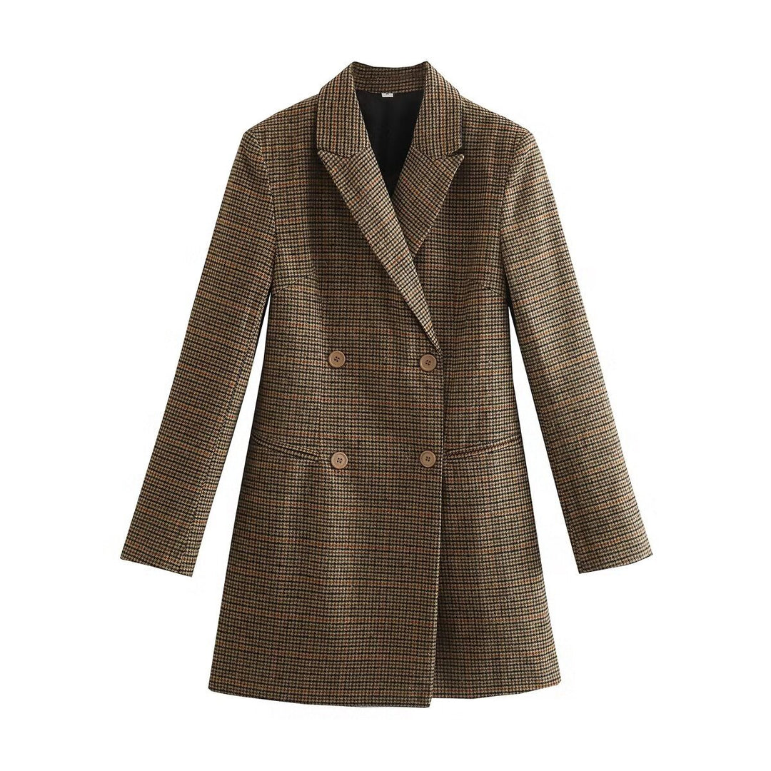 Damen nan taillierter zweireihiger Longblazer mit Glencheck-Struktur, Schalkragen und Pattentaschen Echo Archiv