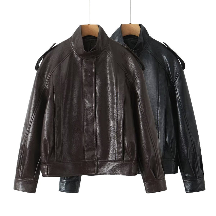 Damen Cropped Bomberjacke aus Kunstleder mit hohem Stehkragen und Schulterklappen Echoarchiv