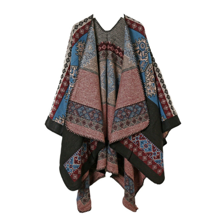 Damen Wollmix-Jacquard-Capeponcho im Ethno-Look mit dekorativer Ziernaht – Montévia