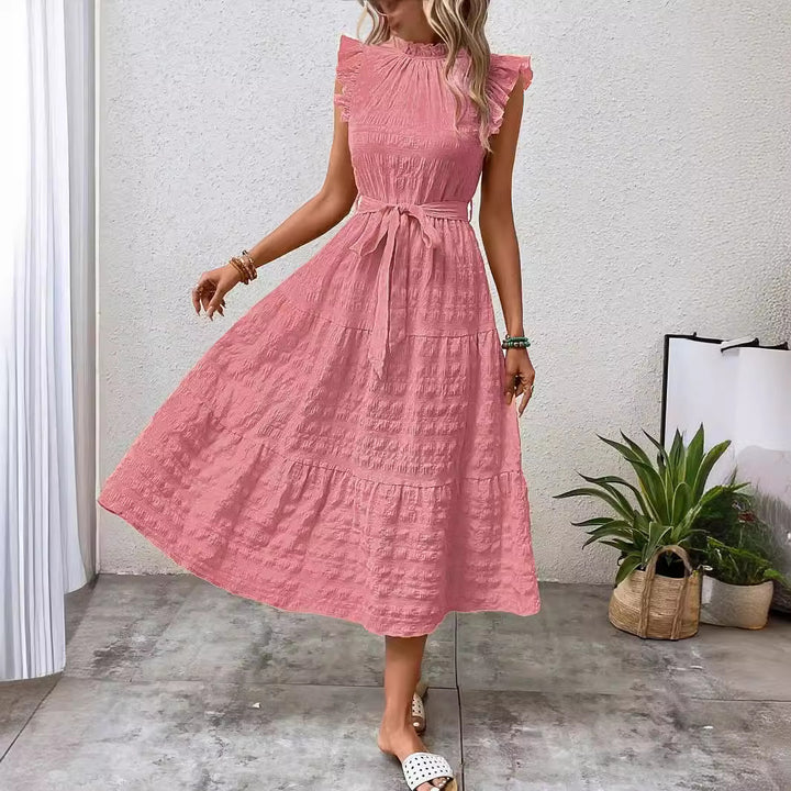 Damen Midikleid mit Stehkragen, Rüschenärmeln und Taillengürtel Echo Archiv