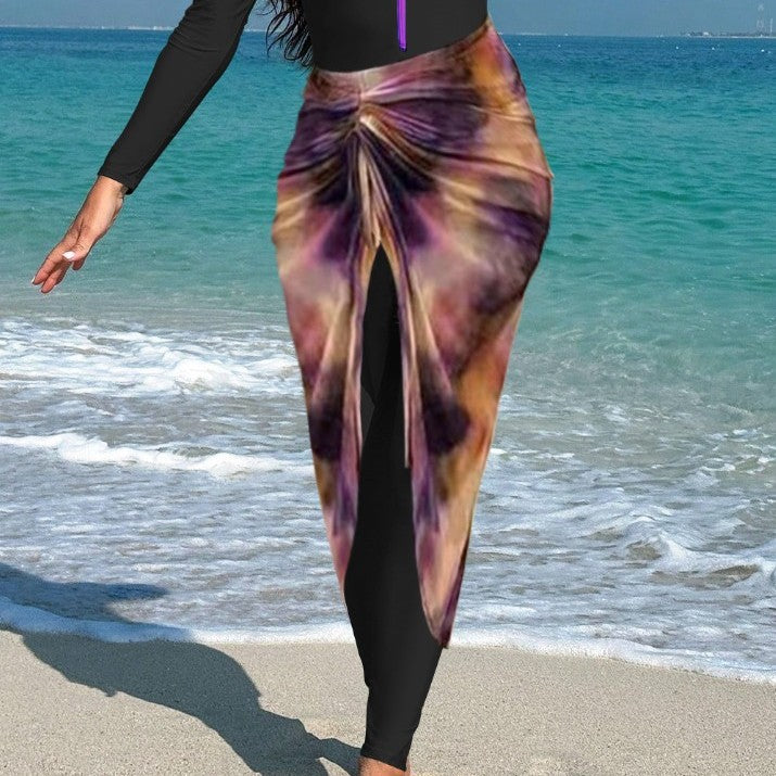 Damen modischer Langarm-Badeanzug mit elegantem Wickelrock Echo Archiv