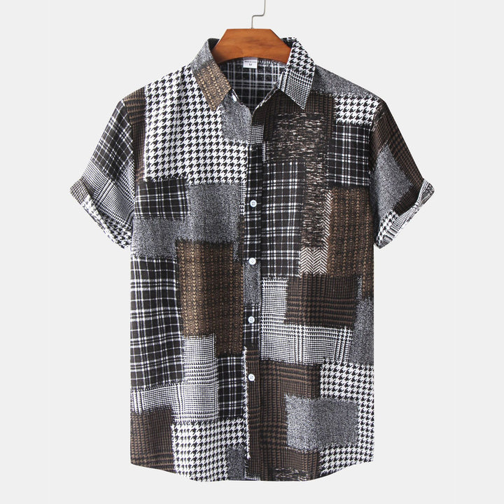 Herren Kurzarmhemd mit kreativem Patchwork-Design und strukturiertem Stoff Echoarchiv