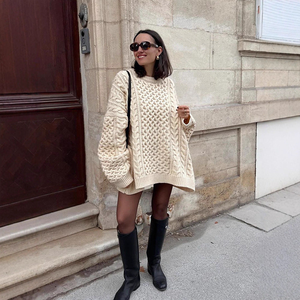 Damen Oversized Grobstrickpullover mit Zopfmuster und weiten Ballonärmeln Echoarchiv