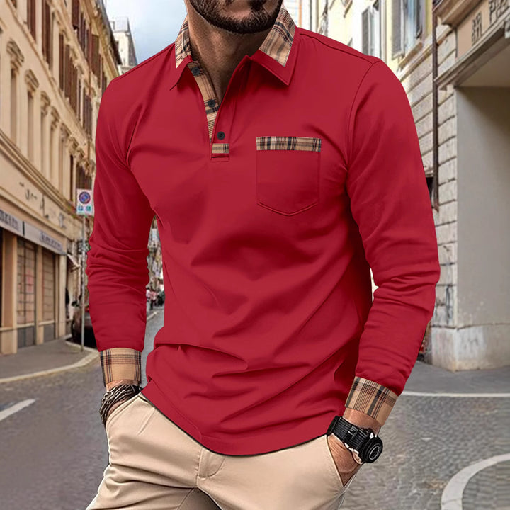 Herren langärmliges Poloshirt mit kariertem Kragen und Brusttasche Echoarchiv