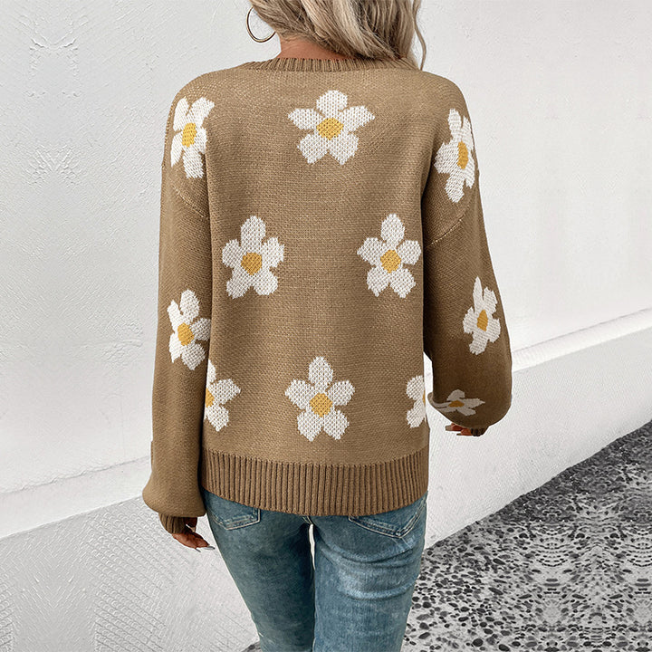 Damen Oversize-Strickpullover mit Blumenjacquard, Rundhalsausschnitt und Ballonärmeln Echoarchiv