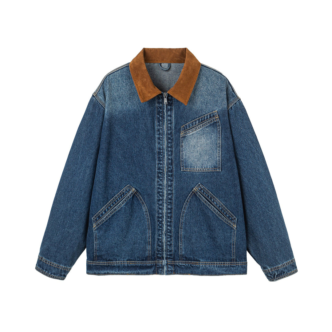 Damen Oversize-Denimjacke mit Velourslederkragen, verdecktem Reißverschluss und markanten Einstecktaschen Echoarchiv