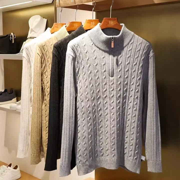 Herren Feinstrick-Pullover mit Zopfmuster und Halbzip-Stehkragen Echoarchiv