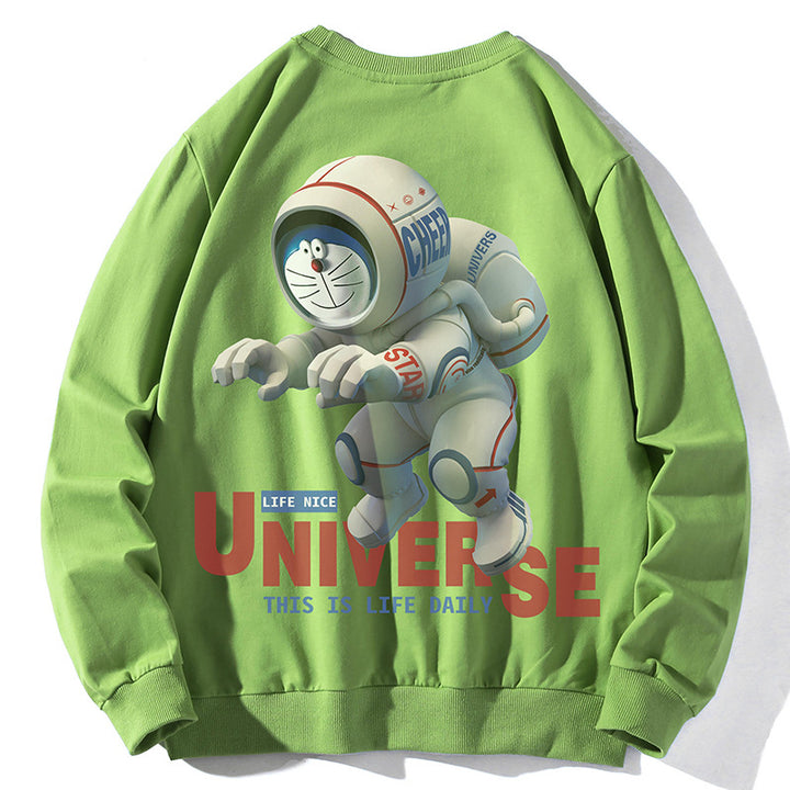 Unisex Oversize Pullover mit Cartoon-Astronauten-Frontprint, Rundhalsausschnitt und Rippbündchen – Auréline