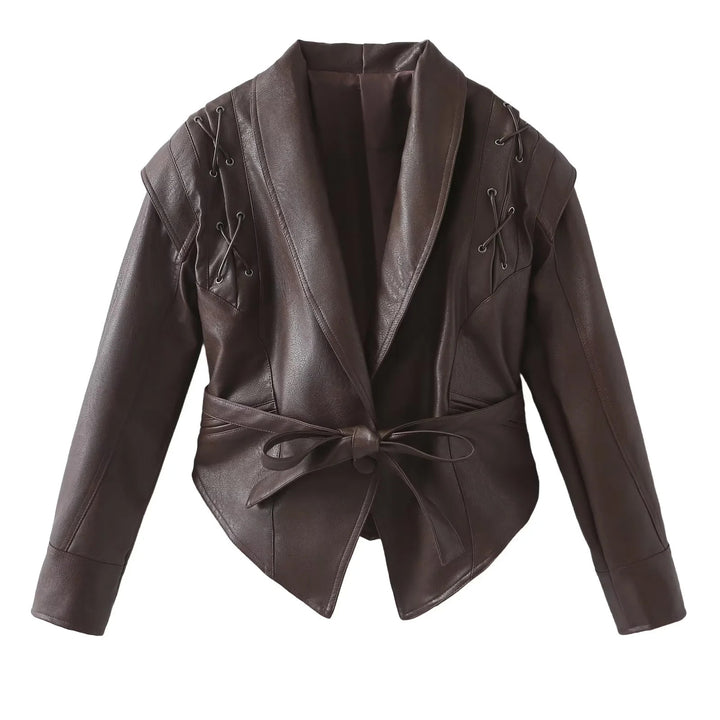 Damen Veloursoptik Blazerjacke mit Schalkragen, Schnürbesatz an den Schultern und taillierendem Bindegürtel – Valéne