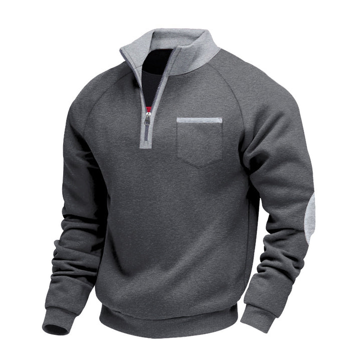 Herren Raglan-Halbzip-Sweatshirt mit Stehkragen, Brusttasche & Ellbogenapplikation – Marzano