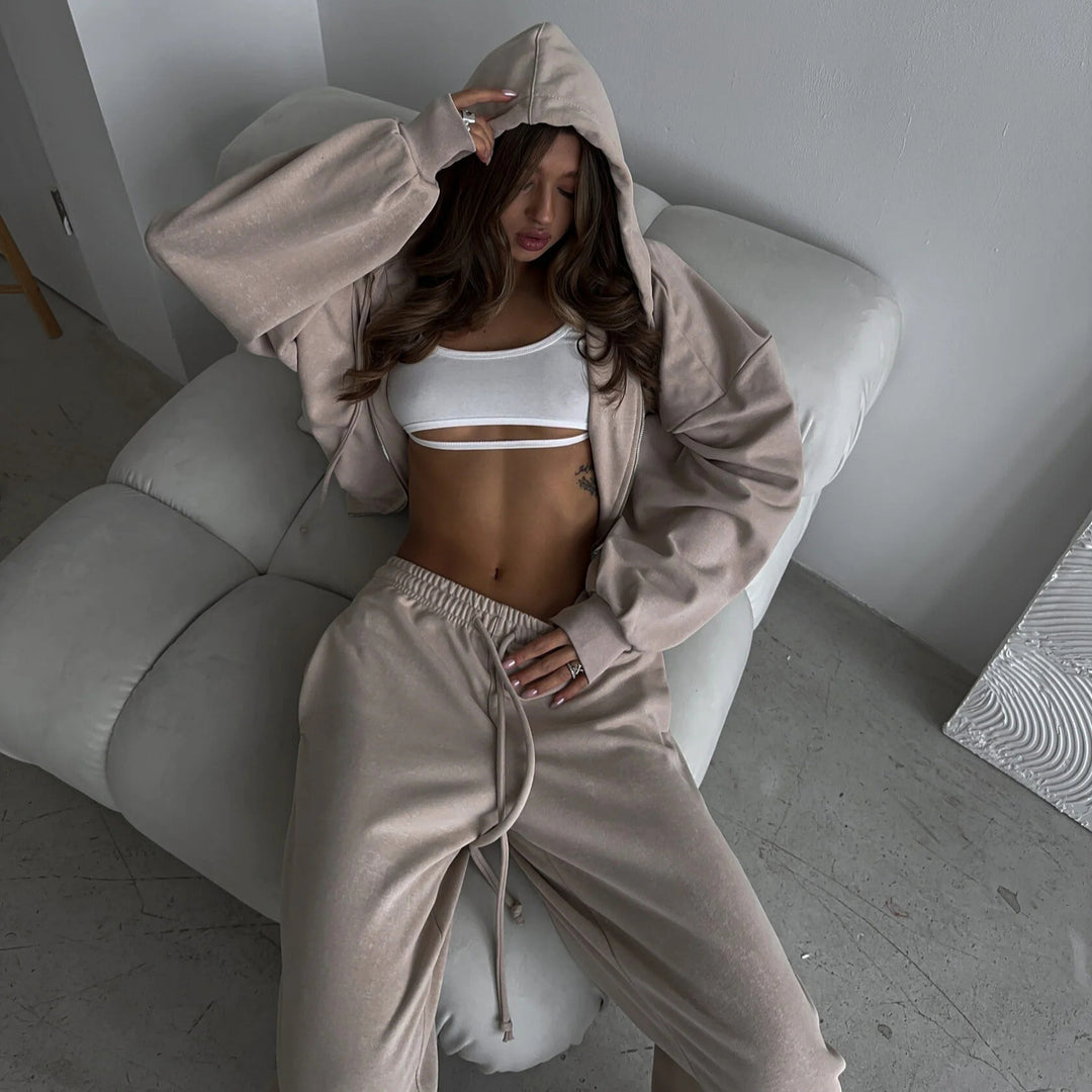 Damen kurzes Kapuzenzipper-Lounge-Set mit oversized Ärmeln und weitem Jogginghose-Schnitt – Auréline