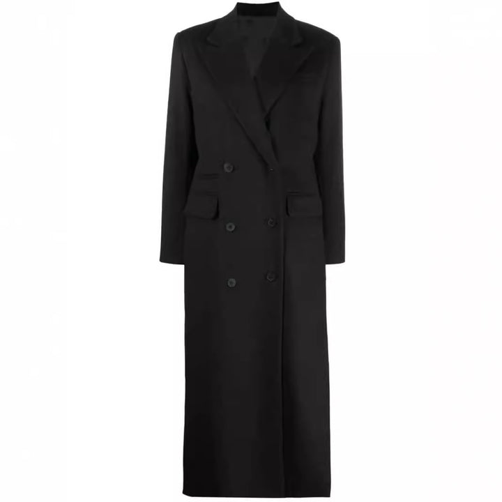 Damen Maxilanger Doppelreihiger Wollmix-Longcoat mit strukturierten Schultern und Pattentaschen Echoarchiv