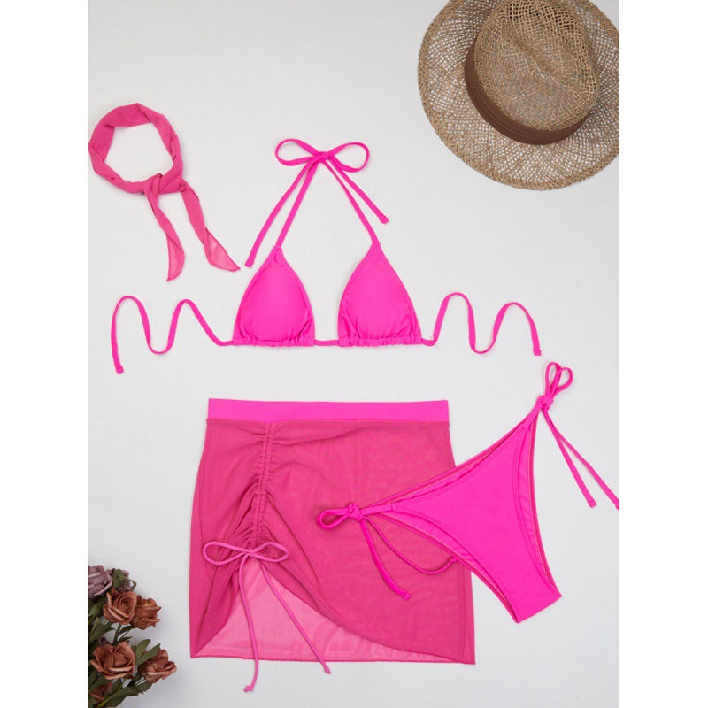 Damen Triangelbikini-Set mit transparentem Überrock und modischem Stirnband Echo Archiv