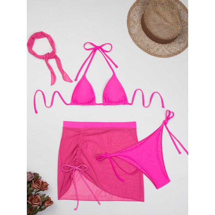Damen Triangelbikini-Set mit transparentem Überrock und modischem Stirnband Echo Archiv