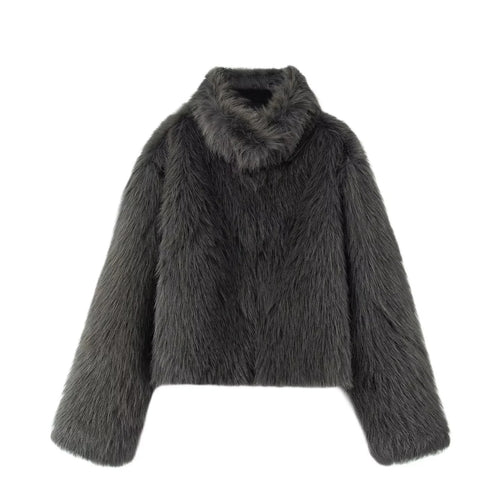 Damen kurzer Fauxfur Kurzblouson mit hohem Stehkragen, kurzem Boxy-Schnitt und langfloriger Kunstfelloptik – Avérine