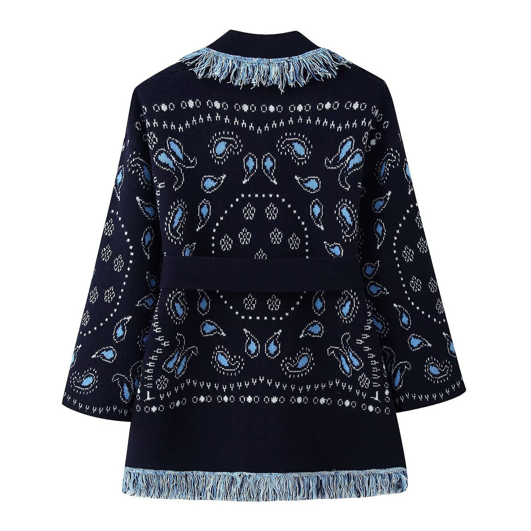 Damen Fransen-Strickjacke mit Paisley-Jacquard, Taillengürtel und offener Kimono-Silhouette Echo Archiv