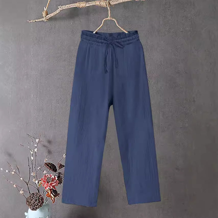 Damen Crinkle Leinenmischung Hose mit elastischem Kordelzug, gerade Beinform und lässiger Passform – Avélisse