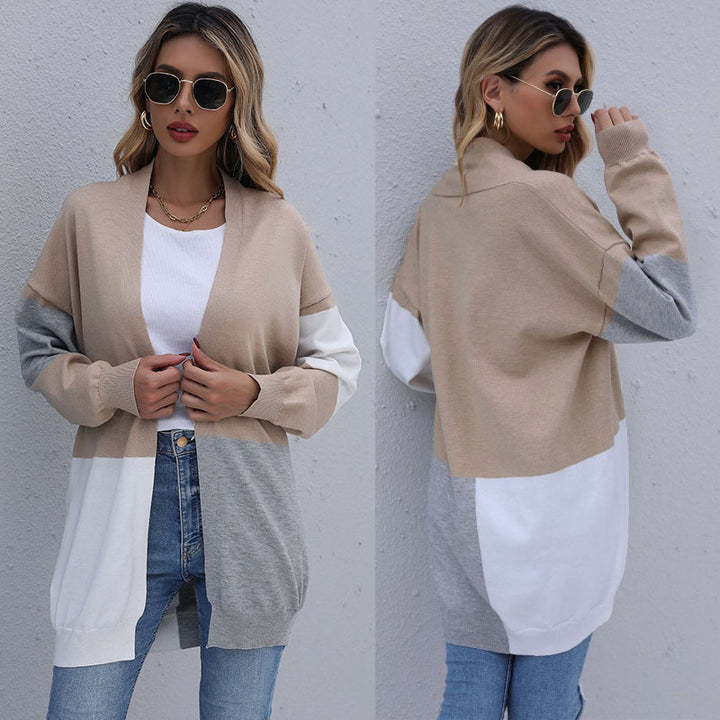 Damen Langer Colorblock-Feinstrickcardigan mit offener Front und überschnittener Schulter – Veloura