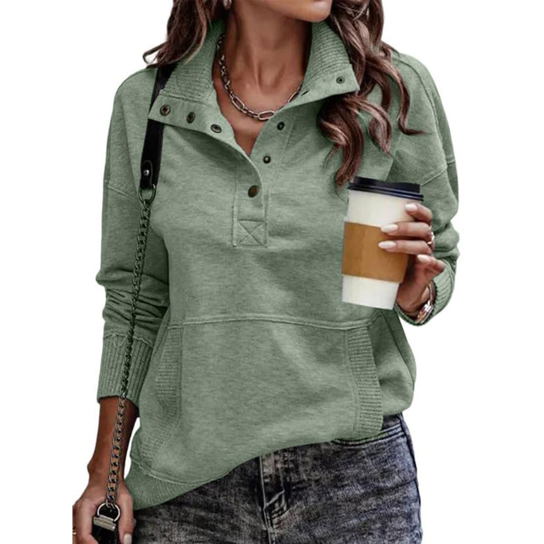 Damen Sweatpullover mit Stehkragen-Knopfleiste und Kängurutasche Echo Archiv