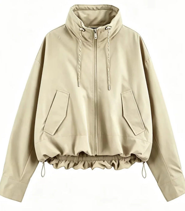 Damen Oversize Cropped Kapuzenjacke mit durchgehendem Reißverschluss, Kordelzug und gerafftem Saum Echo Archiv